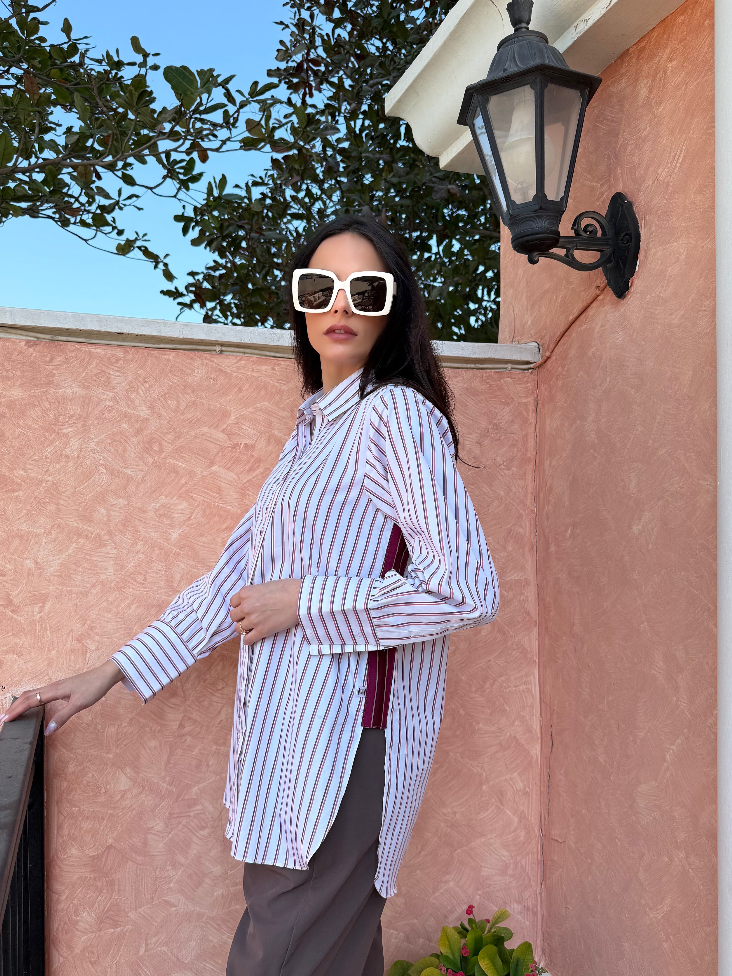 Pink and Brown Striped Button Down Shirt