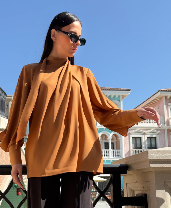 Burnt orange scarf detail blouse