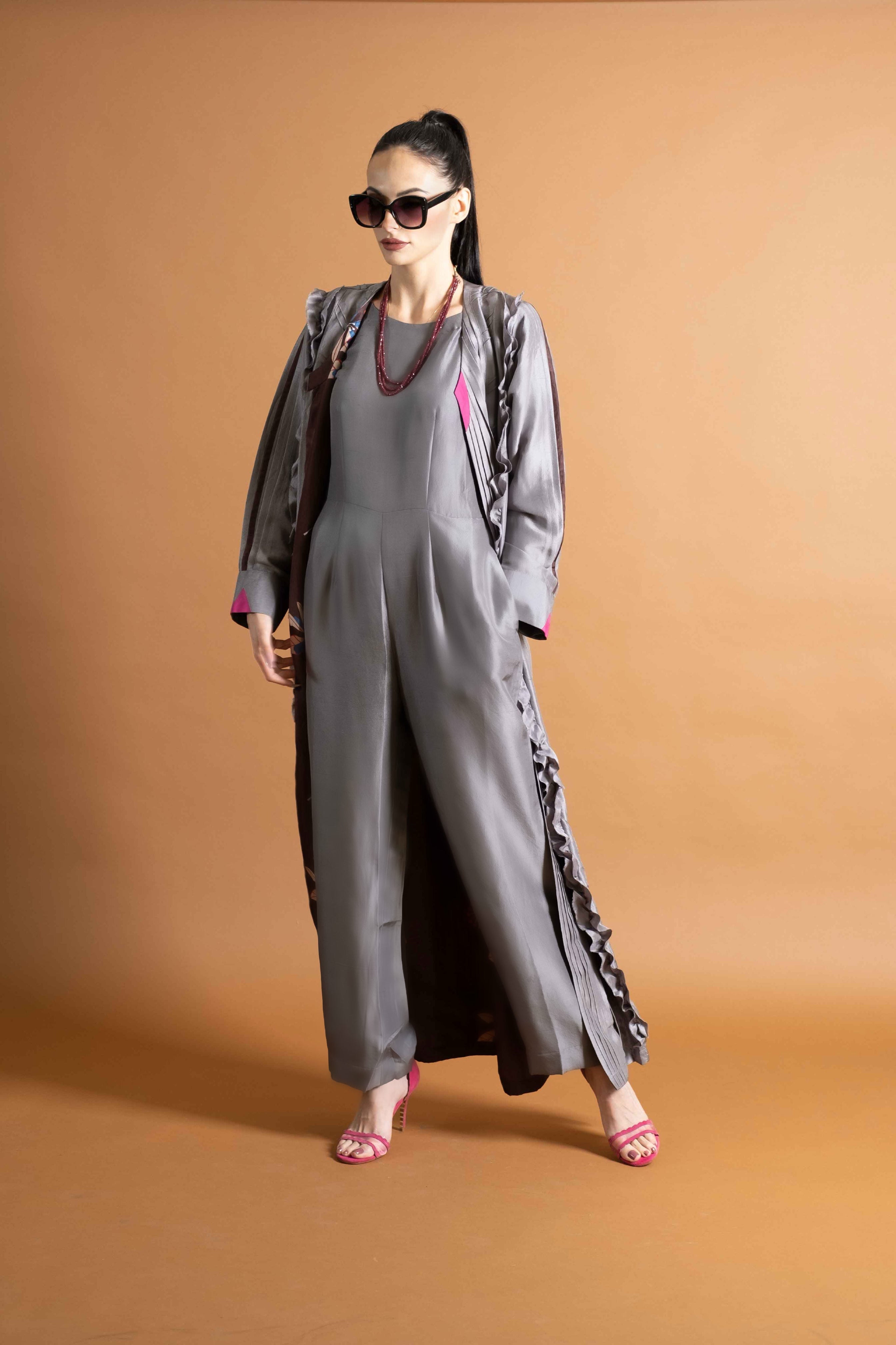 Metallic Grey Raw Silk Abaya Coat