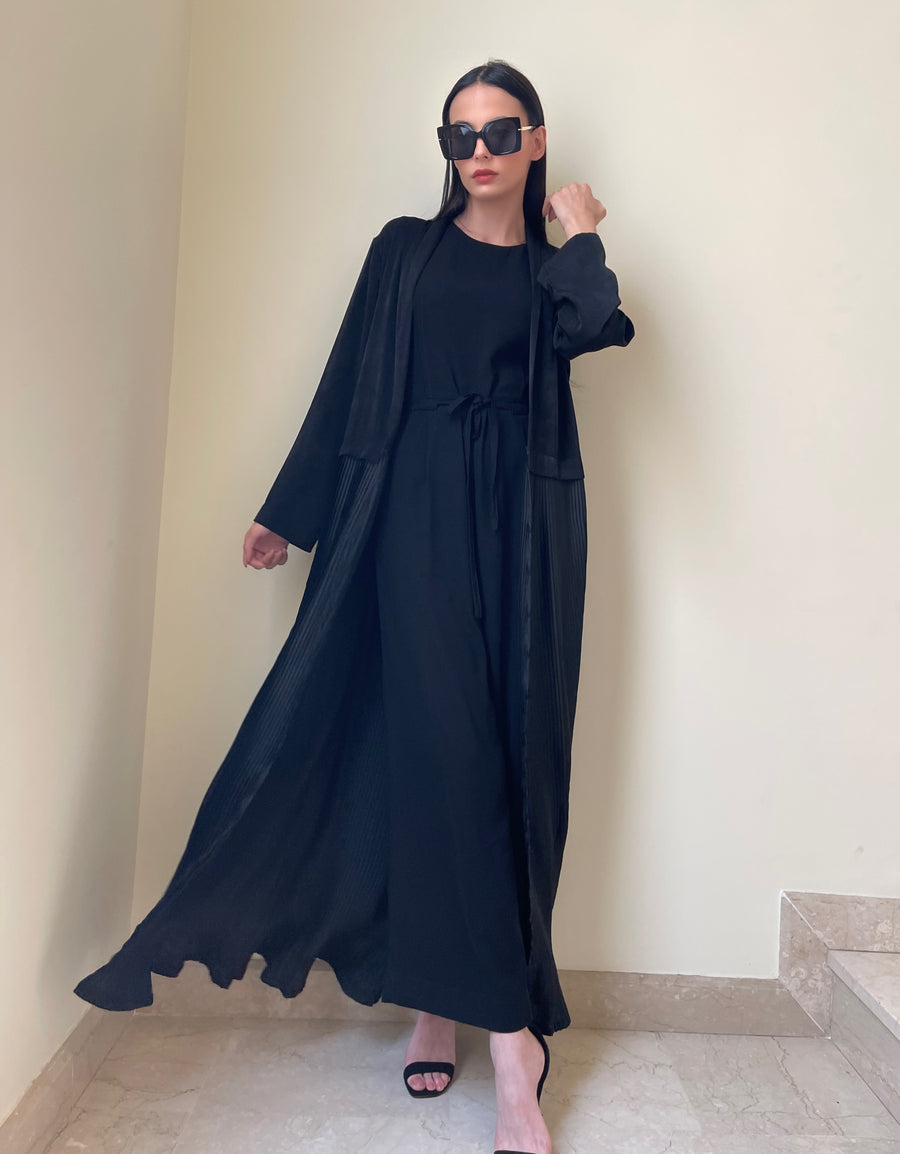 Black Velvet  and Pleated Silk Abaya