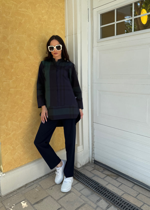 Navy and Green Checkered Print Classic Tunic