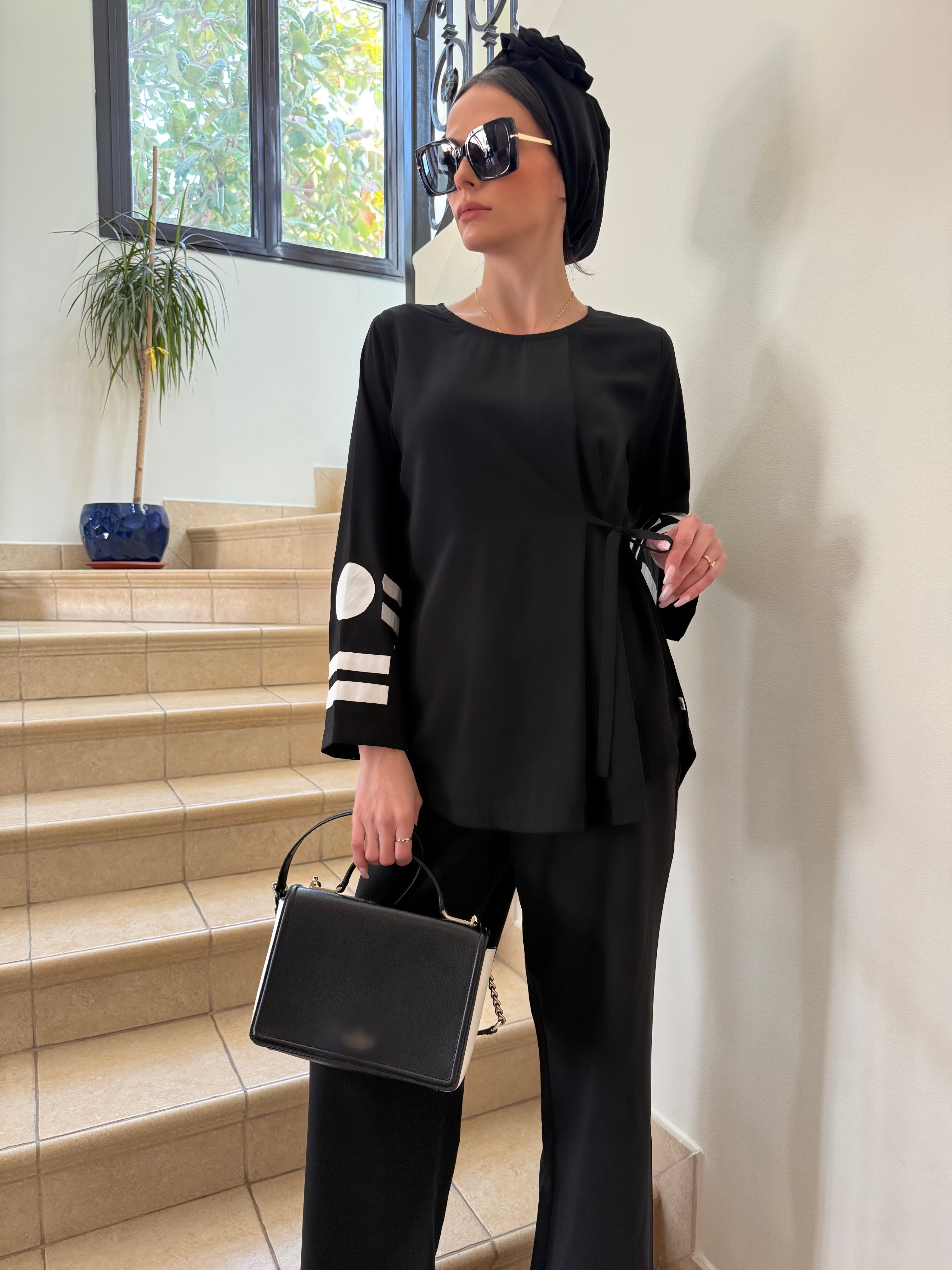 Black Side-Tie Appliqué Tunic