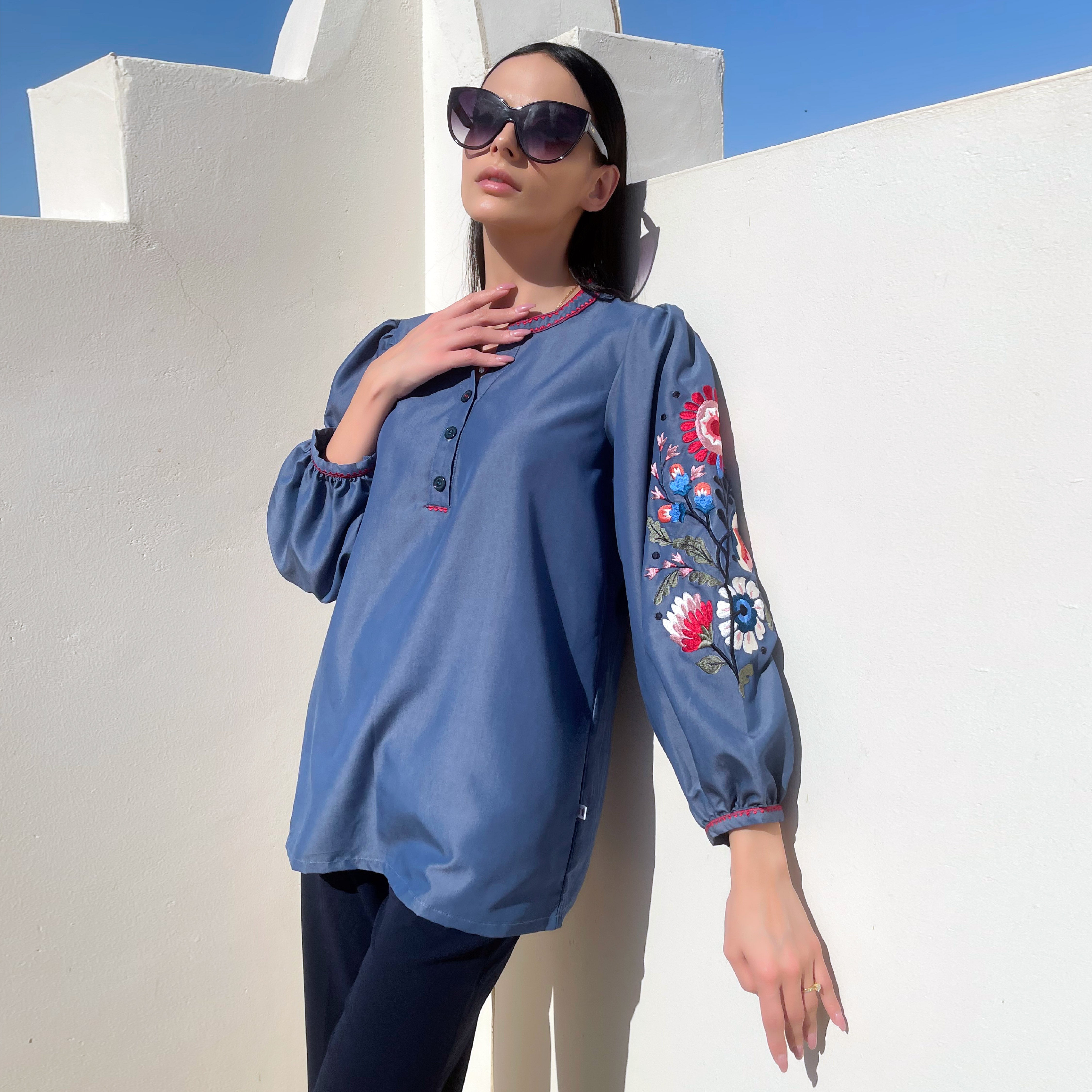 Blue Embroidered Sleeve Tunic