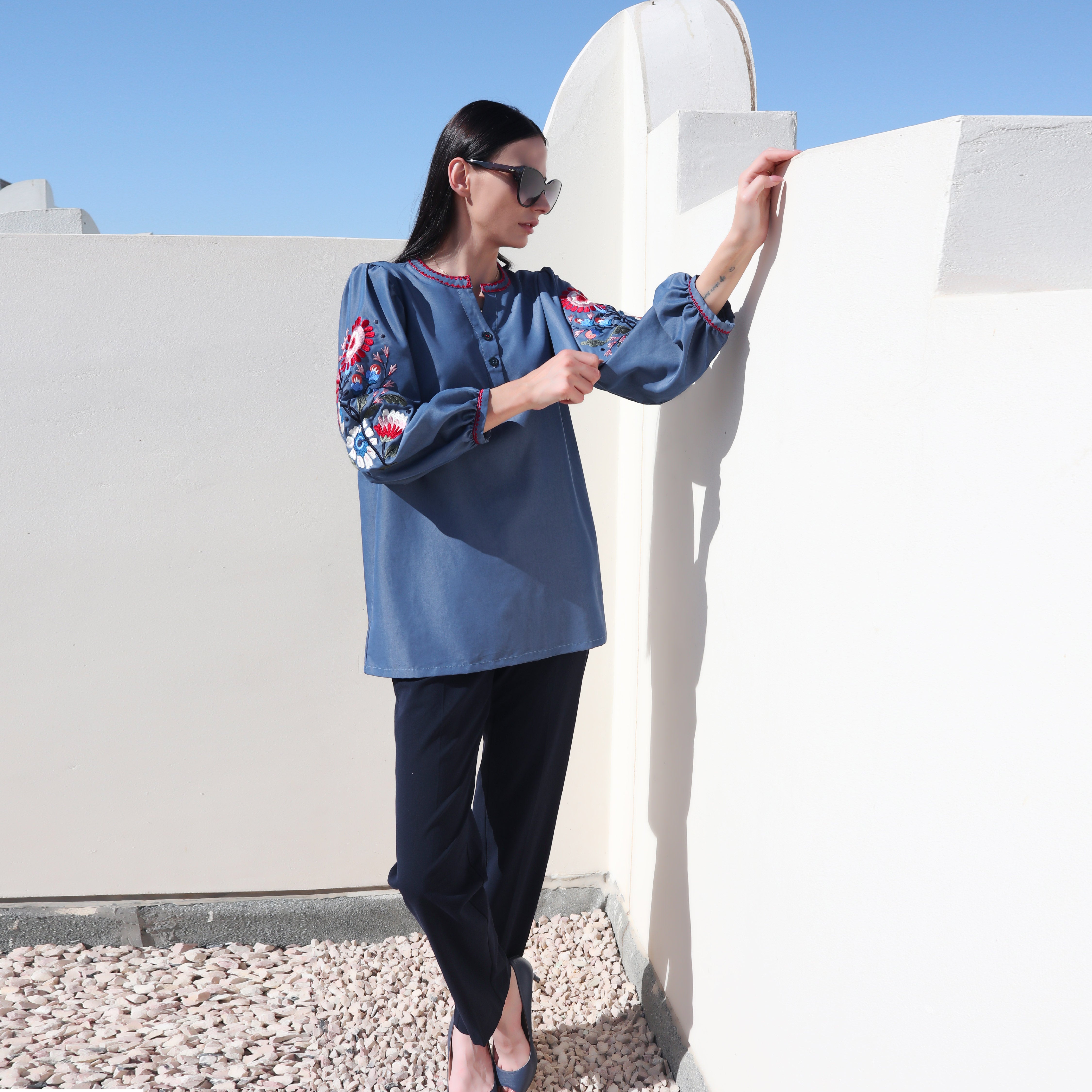 Blue Embroidered Sleeve Tunic