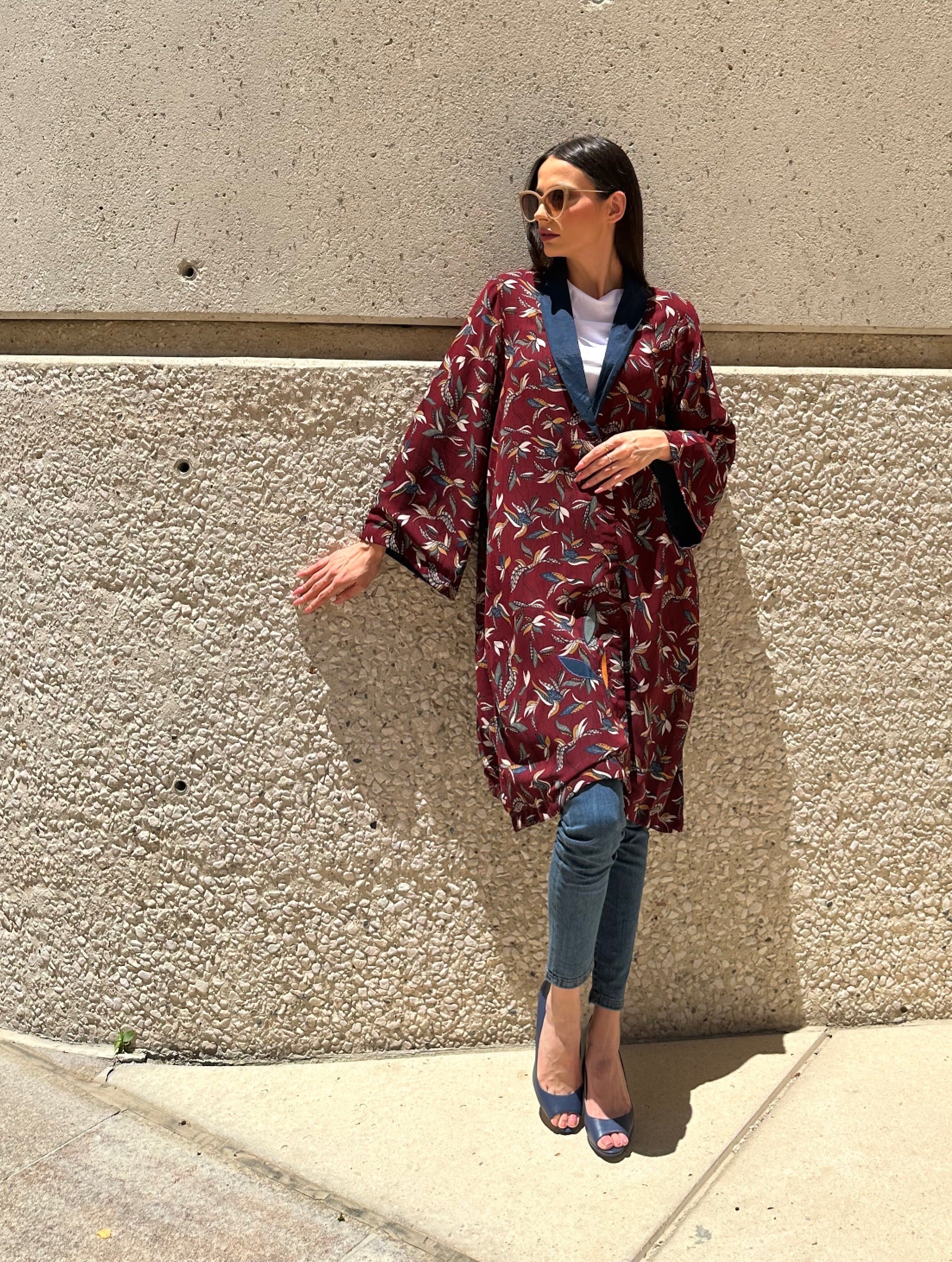 Maroon Appliqué Leaf Print Coat