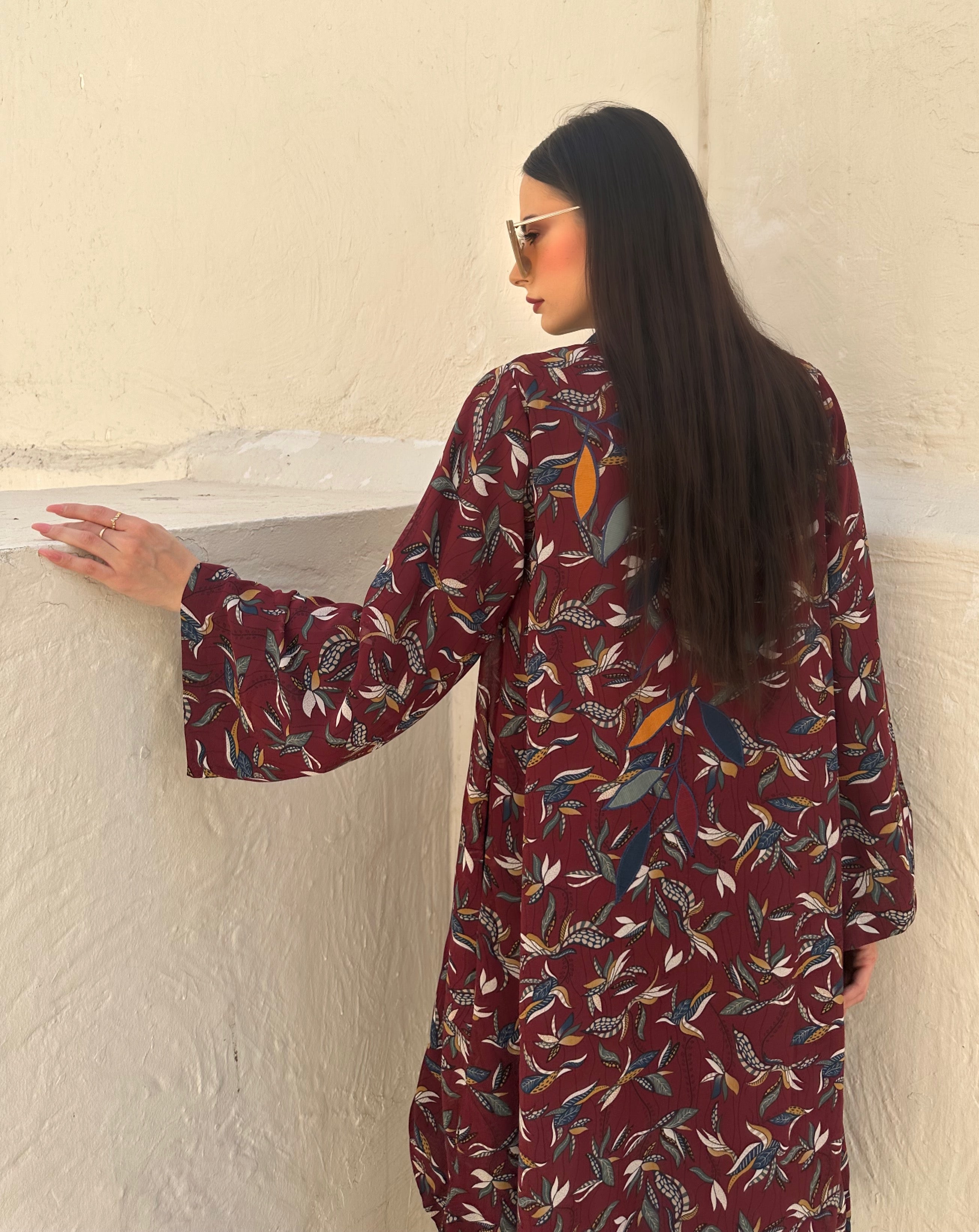 Maroon Appliqué Leaf Print Coat