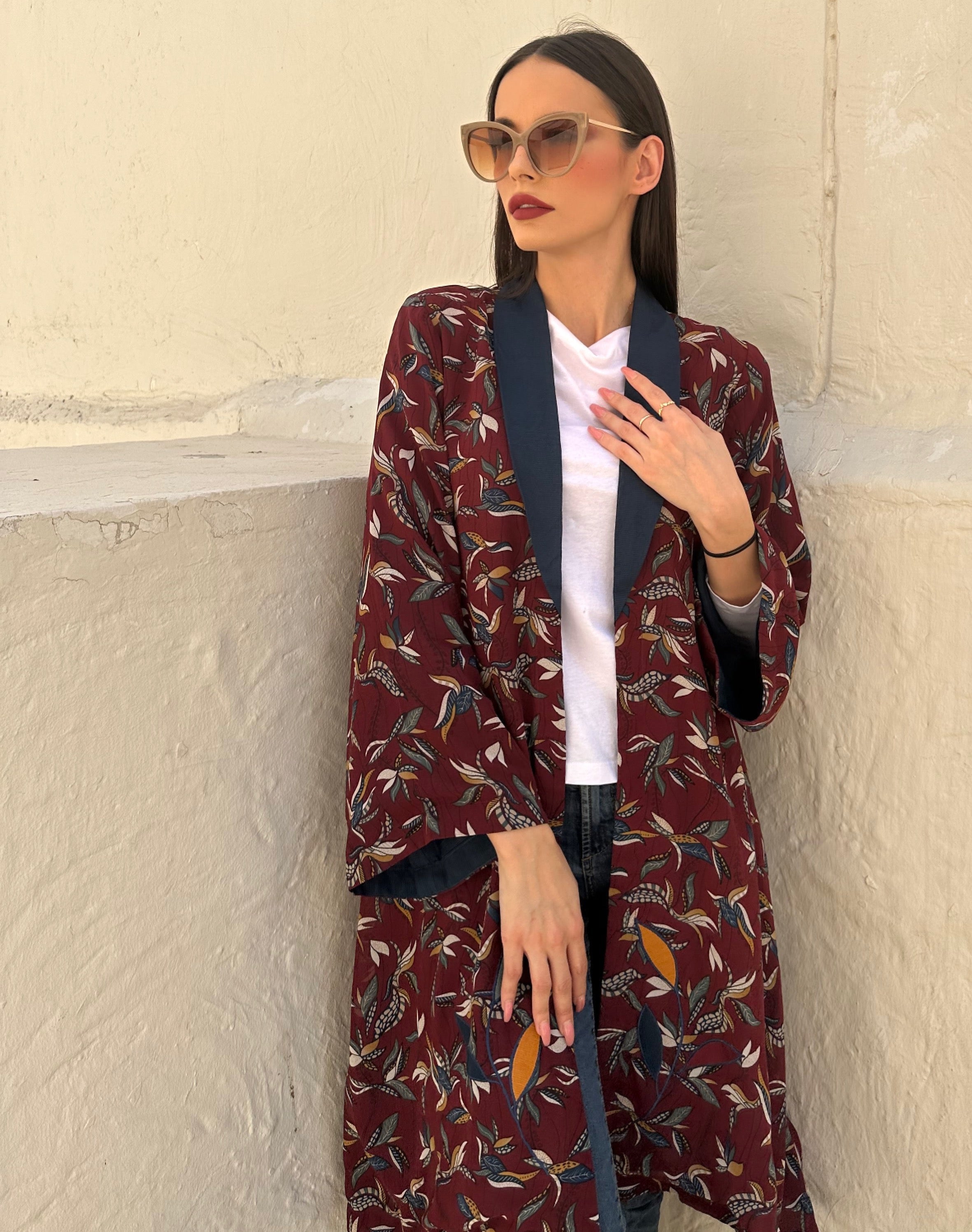 Maroon Appliqué Leaf Print Coat