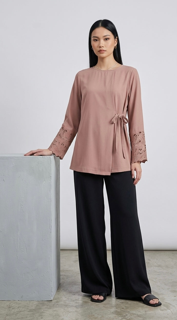 Luxe Dusky Pink Embroidered Side Tie Tunic