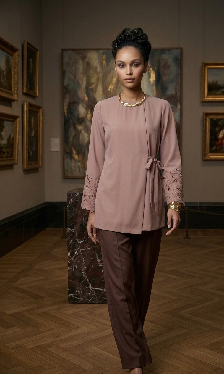 Luxe Dusky Pink Embroidered Side Tie Tunic
