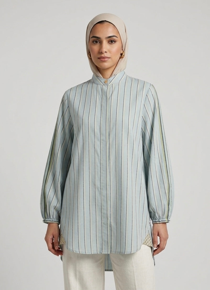 Powder blue and lime striped tunic