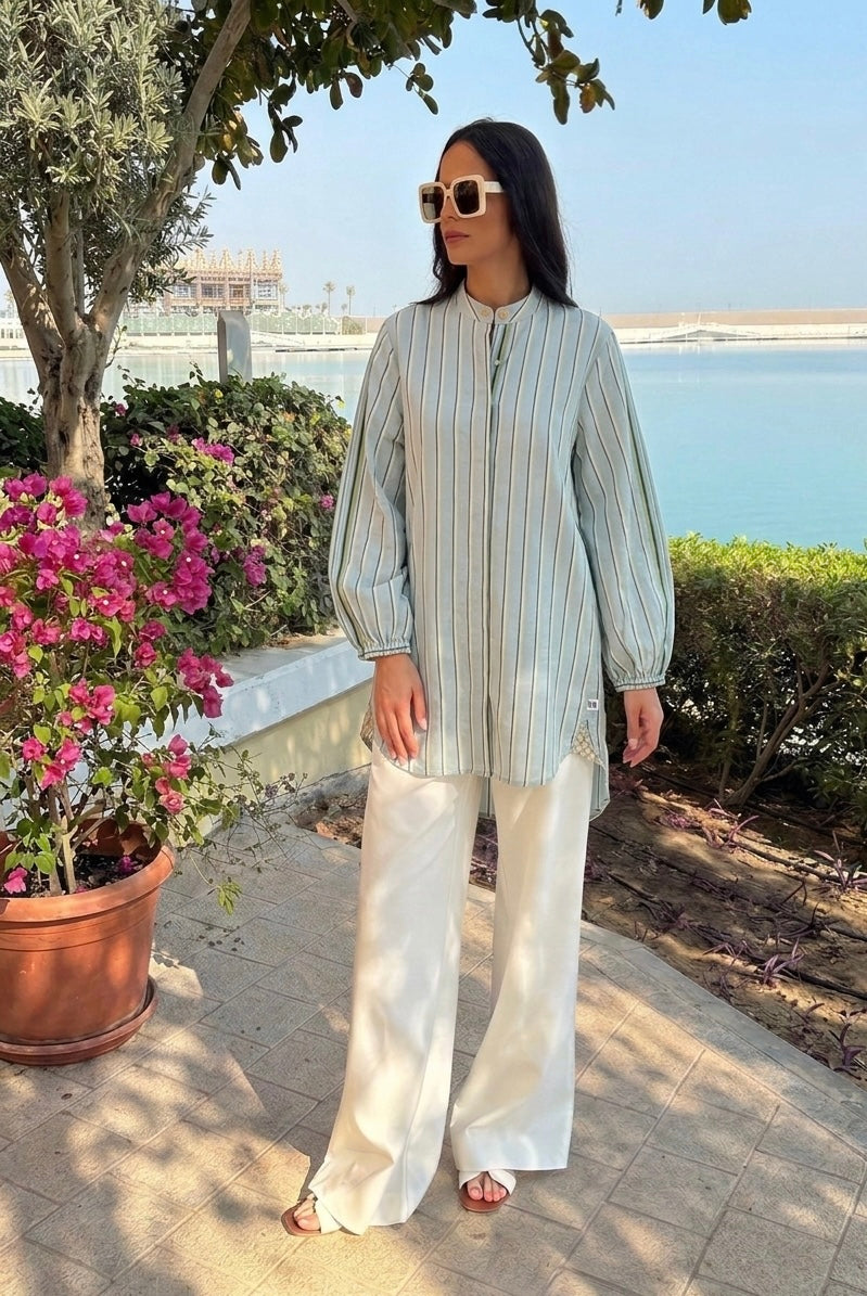 Powder blue and lime striped tunic