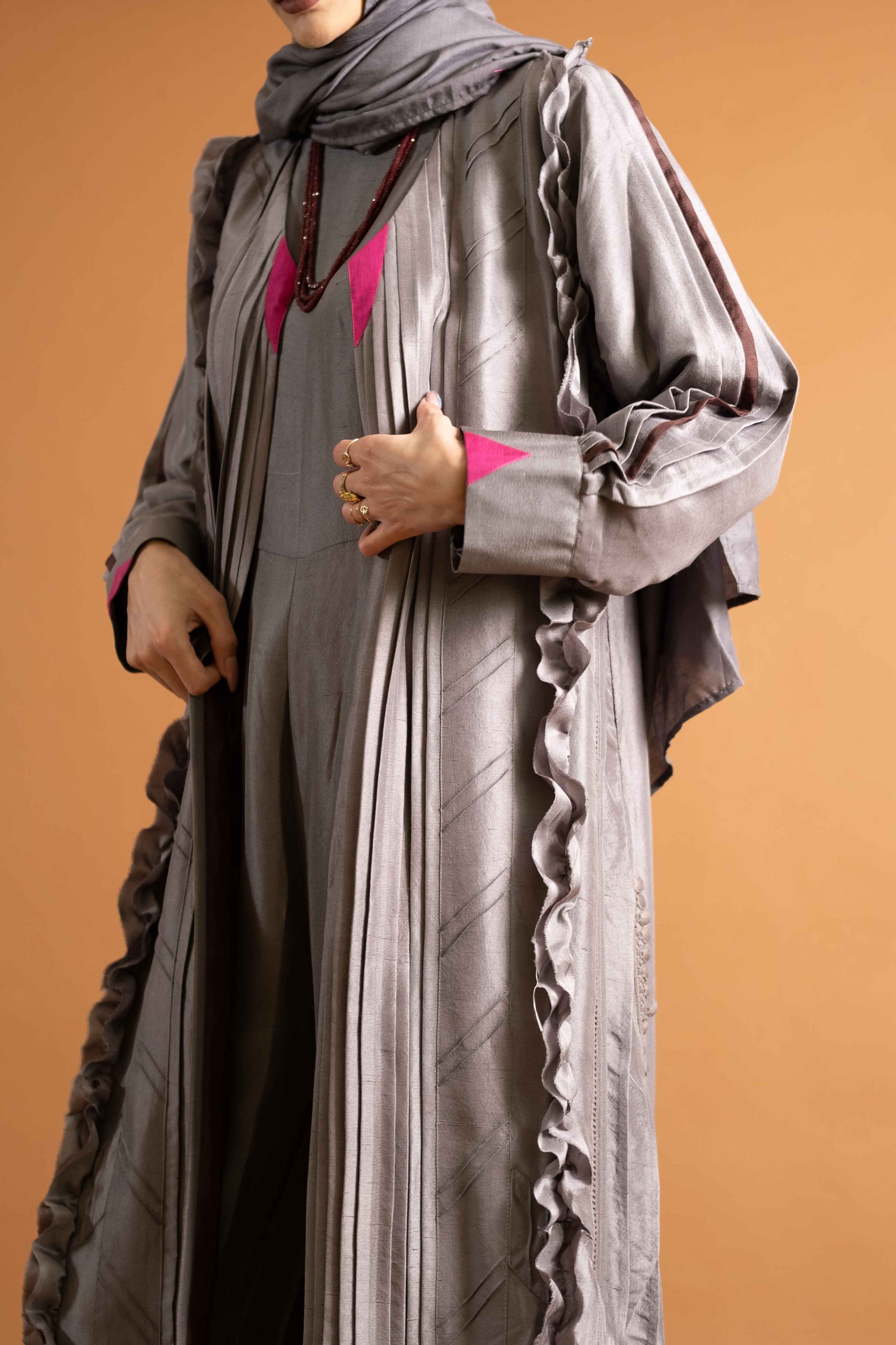 Metallic Grey Raw Silk Abaya Coat