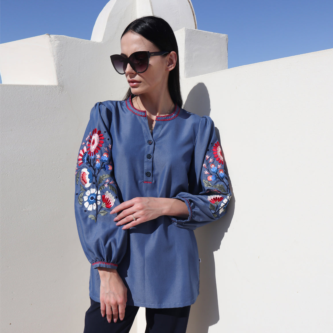 Blue Embroidered Sleeve Tunic