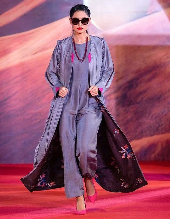 Metallic Grey Raw Silk Abaya Coat