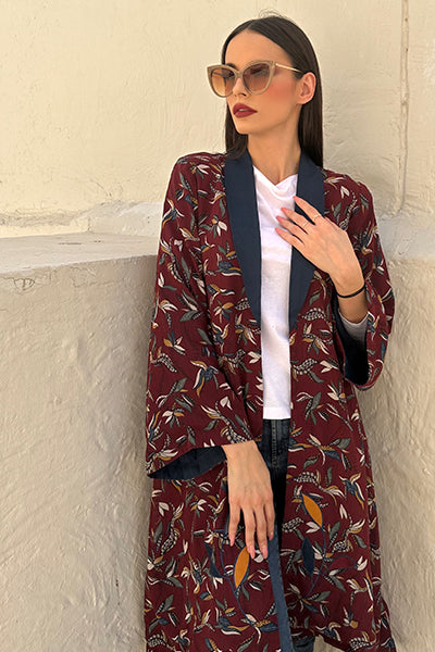 Maroon Appliqué Leaf Print Coat