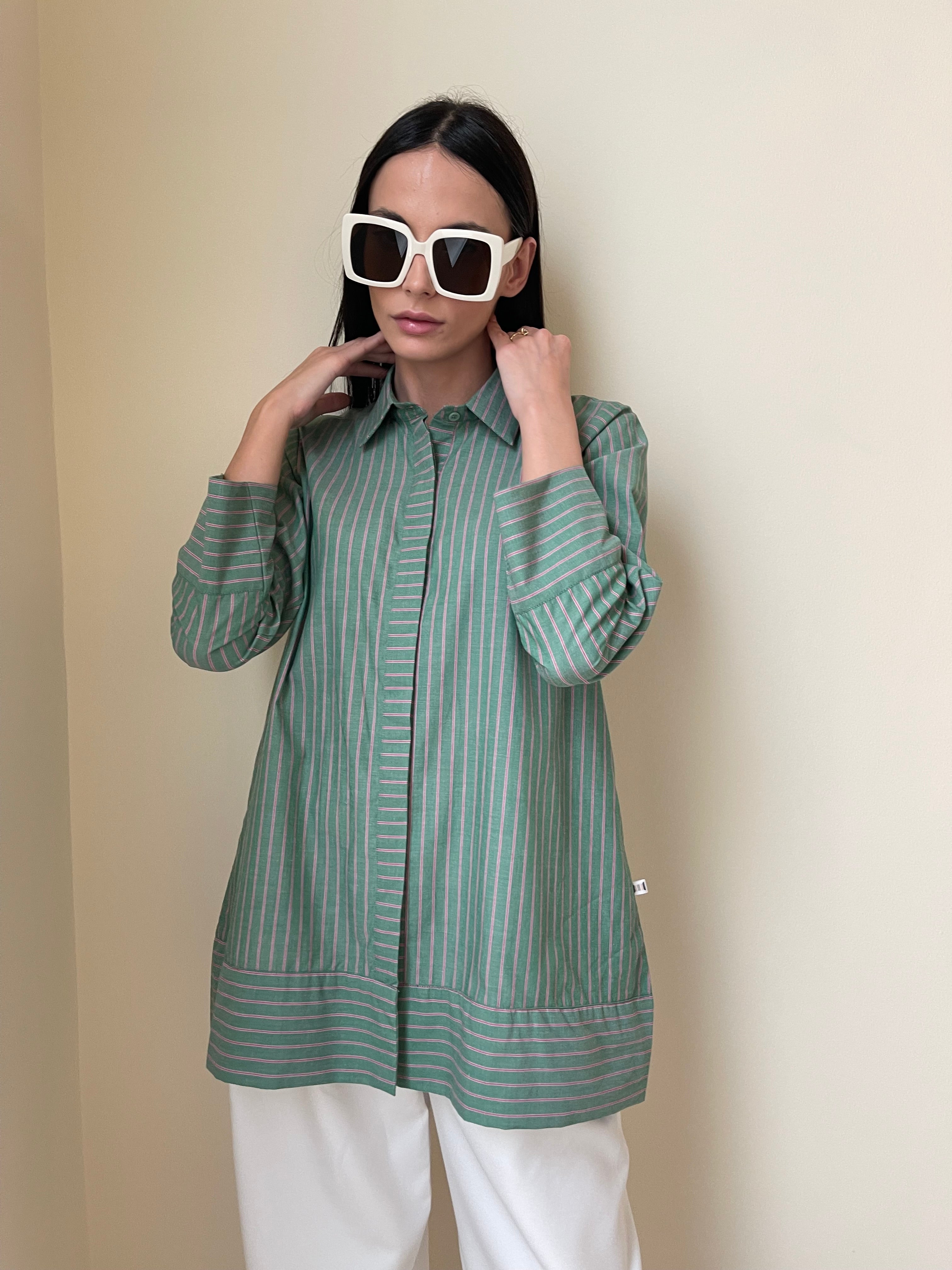 Green and Pink Striped A-Line Cotton Tunic