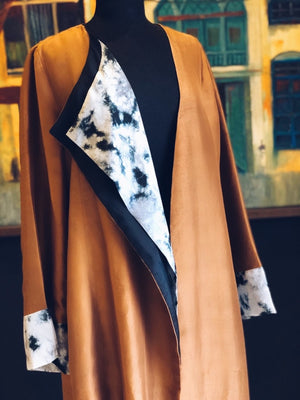 Unique Tye and Dye panel accents this gorgeous abaya. Make a statement  wearing Thread Palette London, a modest fashion brand.