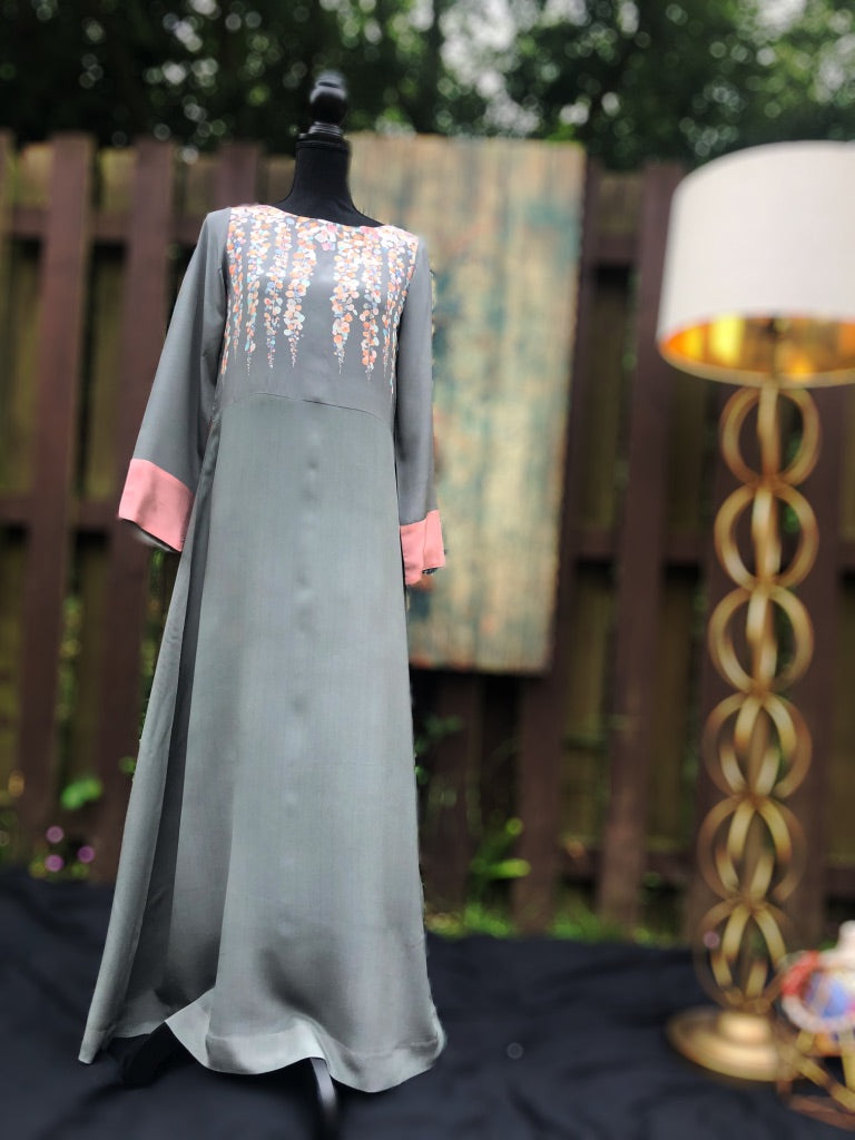 Beautiful crepe silk dress with an original Thread Palette London print. The light gray and pale pink combo is sure to make a statement. 